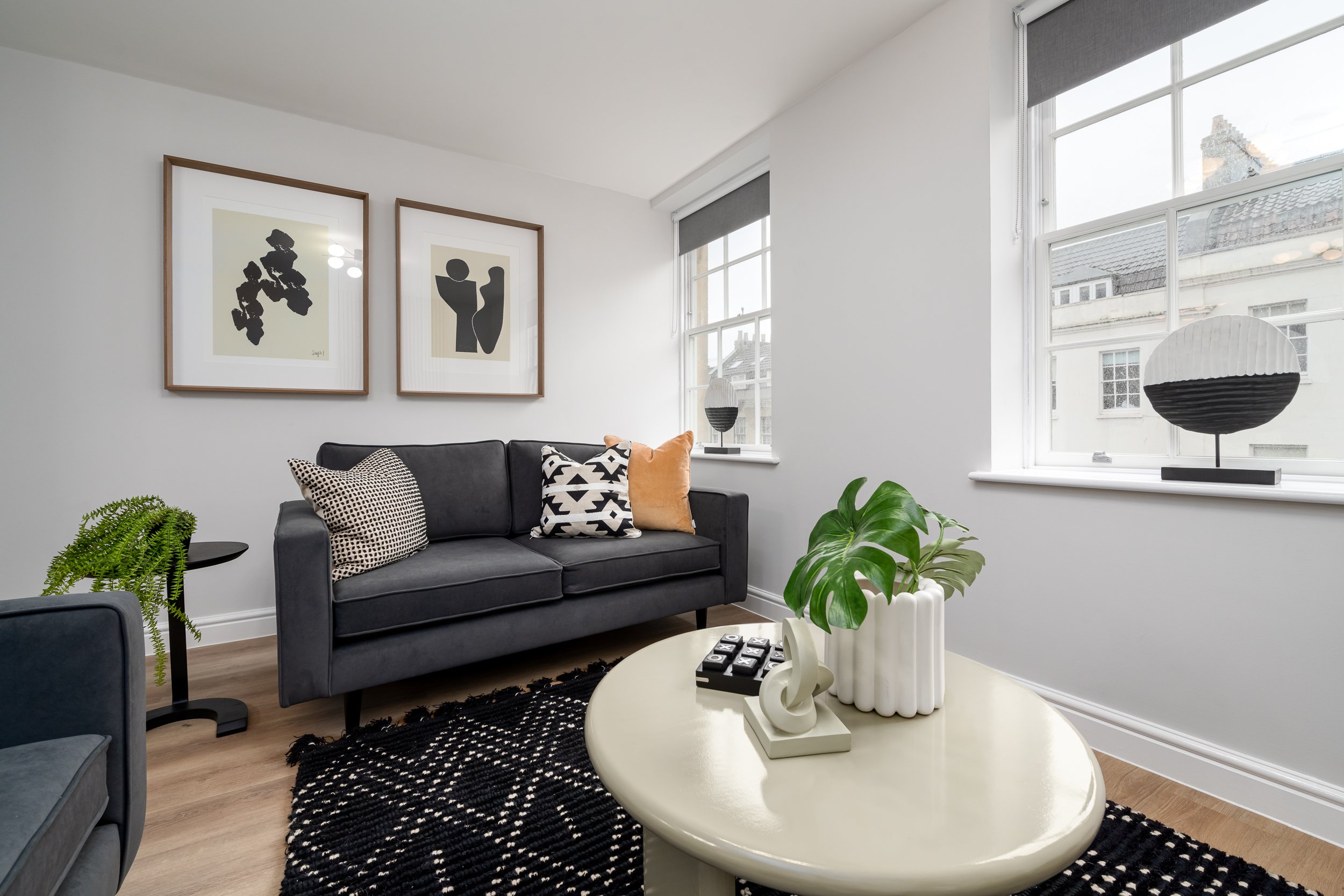 Grey sofa with decorative cushions, coffee table with potted plant and artwork behind sofa.